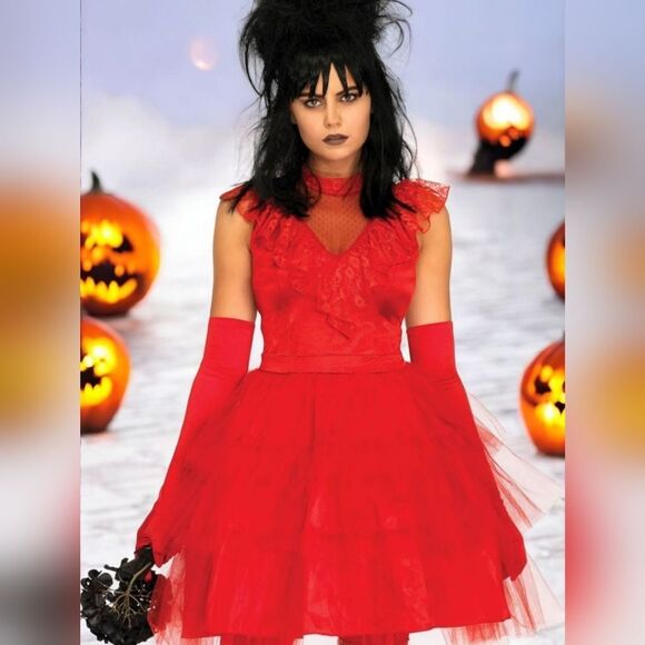 Elegant Red Lace Dress Lydia Deetz Halloween Costume Small - Picture 1 of 6